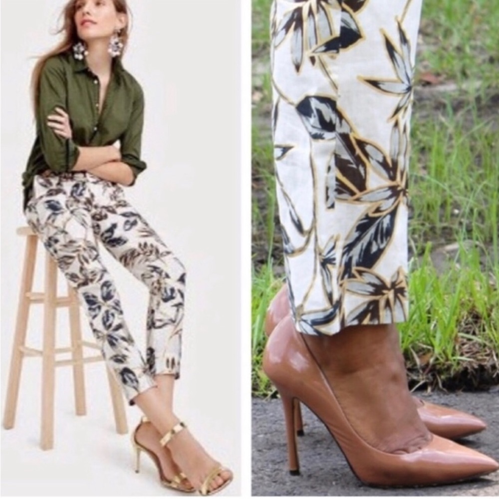 J. Crew Cream and Black Leaf Print Cropped Pants